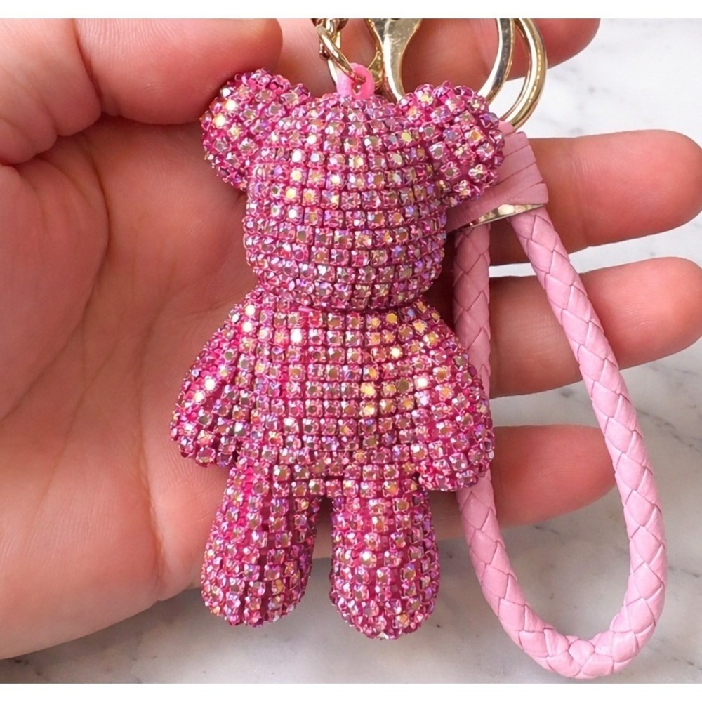 Natasha Pink Rhinestone Teddy Bear Handbag Charm Key Ring Braided Strap Bling - Picture 2 of 4